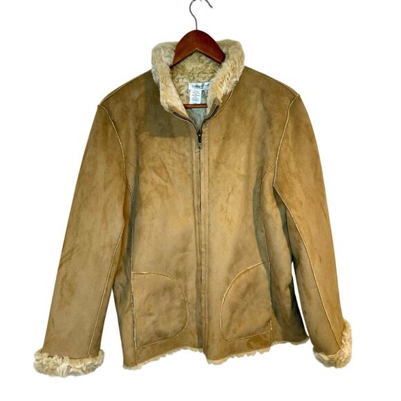 Y2K Boho Faux Shearling Suede Tan Zip-Up Cozy Curly Fleece Lining Jacket PL - Picture 3 of 8
